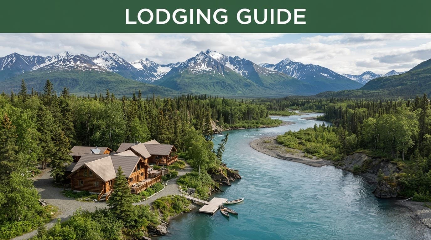 Rugged Kenai Peninsula mountains rise above a winding river beneath a dark green Lodging Guide banner.