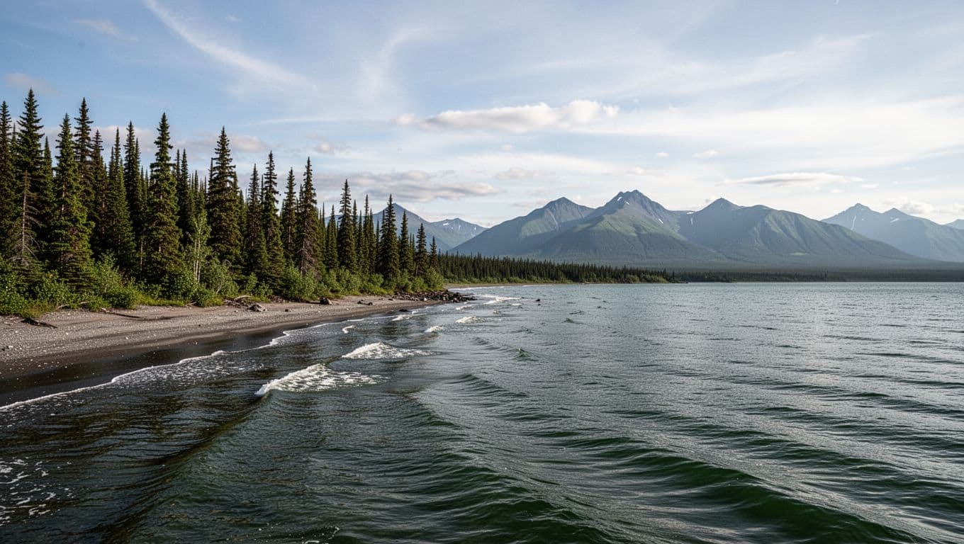 Evergreen trees and calm Kenai Peninsula waters beneath a green 