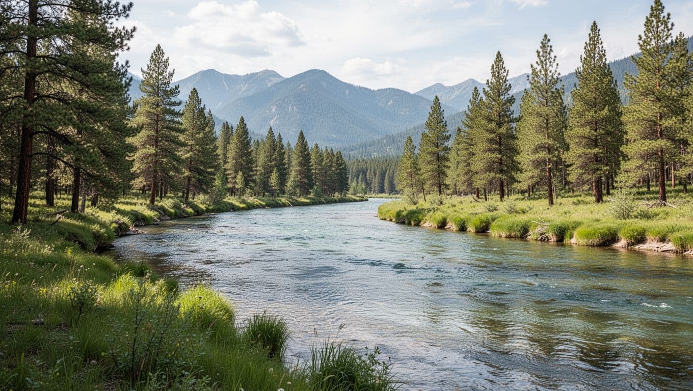 A wide river bordered by pine trees with mountains in the distance.