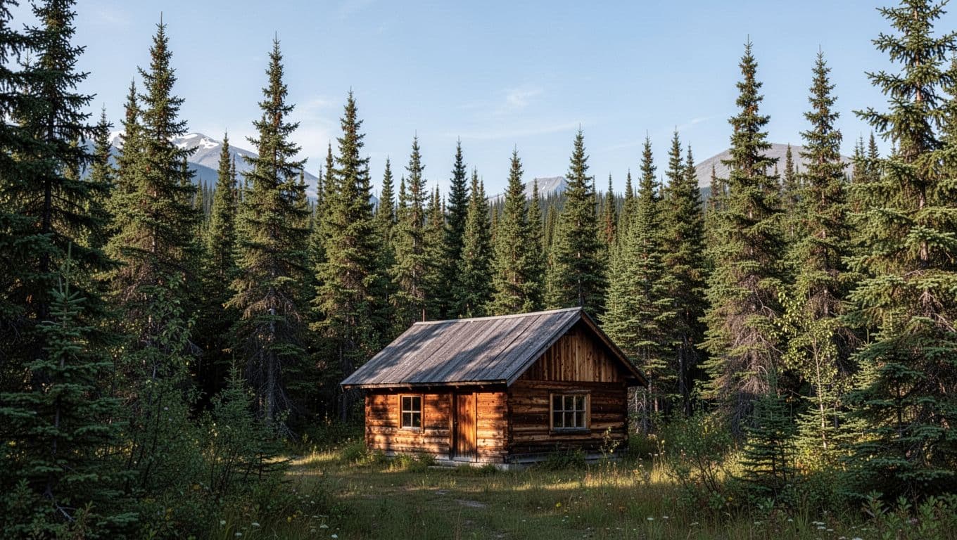 Rustic wooden cabin surrounded by spruce trees under a clear Alaskan sky.