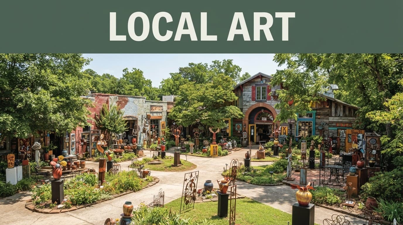 Kentuck Art Center courtyard with outdoor artwork and a green Local Art headline band.