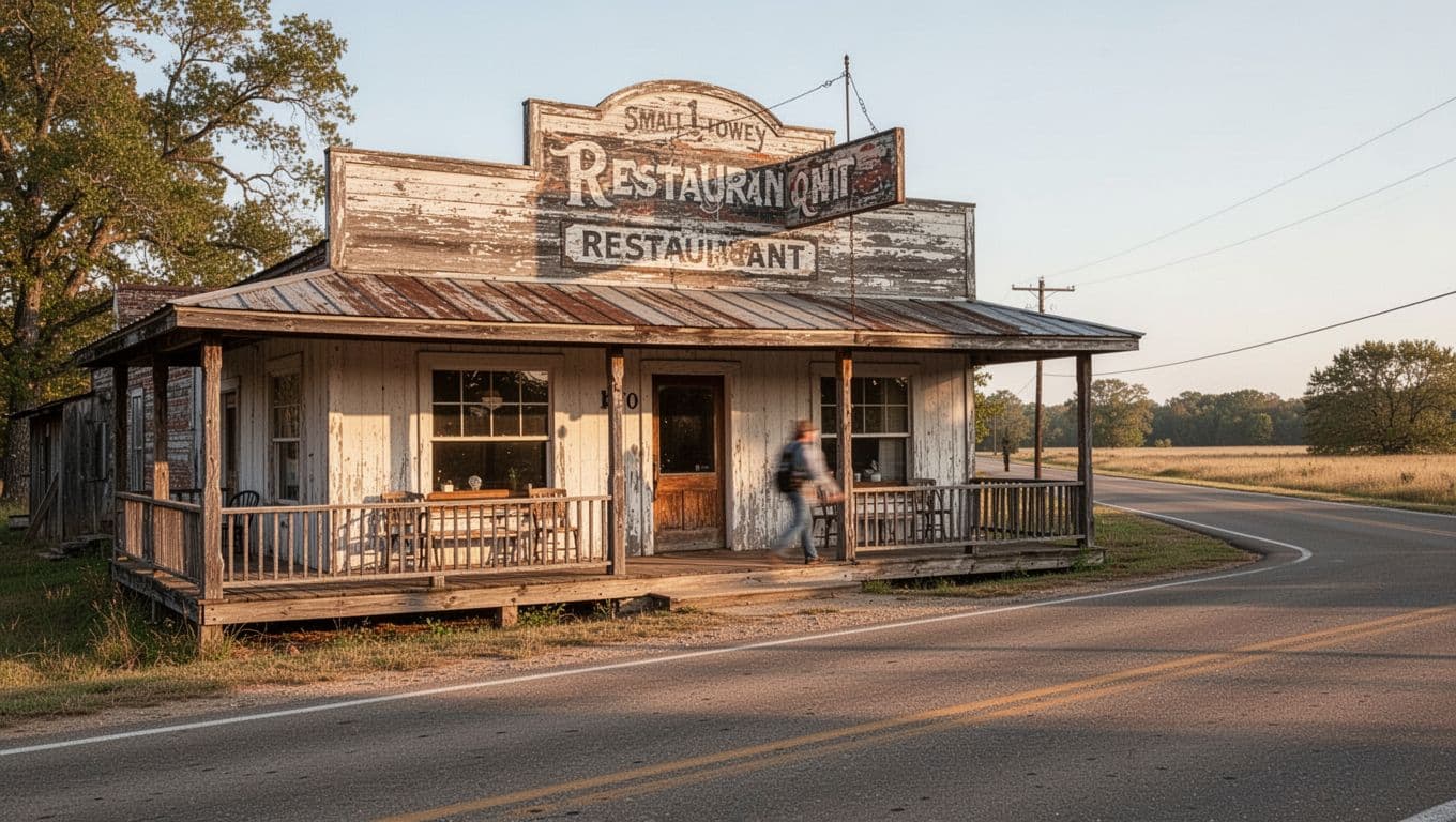 A historic restaurant with a wooden porch beside a quiet country road.