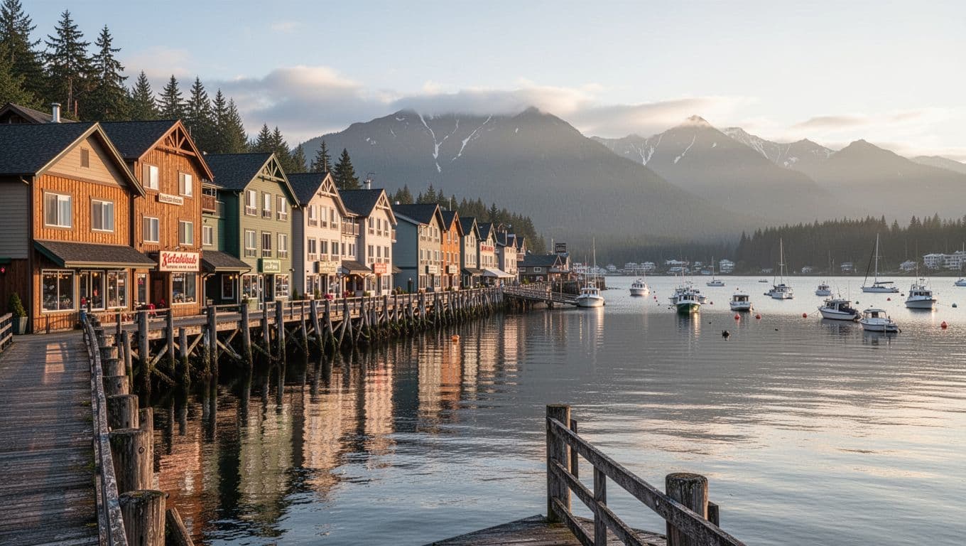 Ketchikan waterfront with historic buildings beneath a bold headline band.