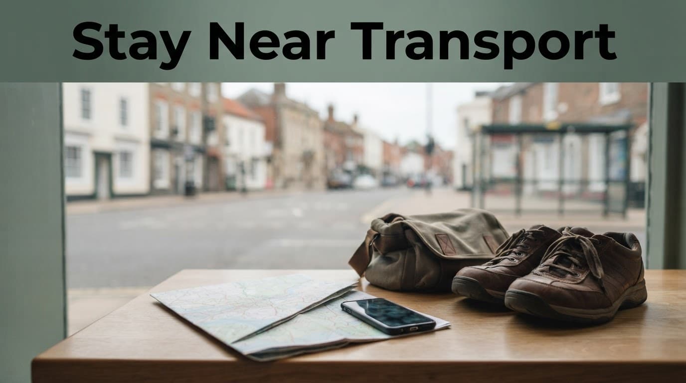 A map, phone, overnight bag, and walking shoes on a table near a town street.