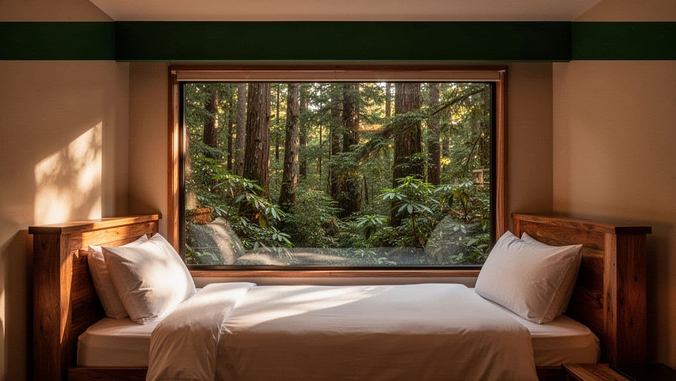 A cozy lodge room with one bed and a forest view beneath a green banner.