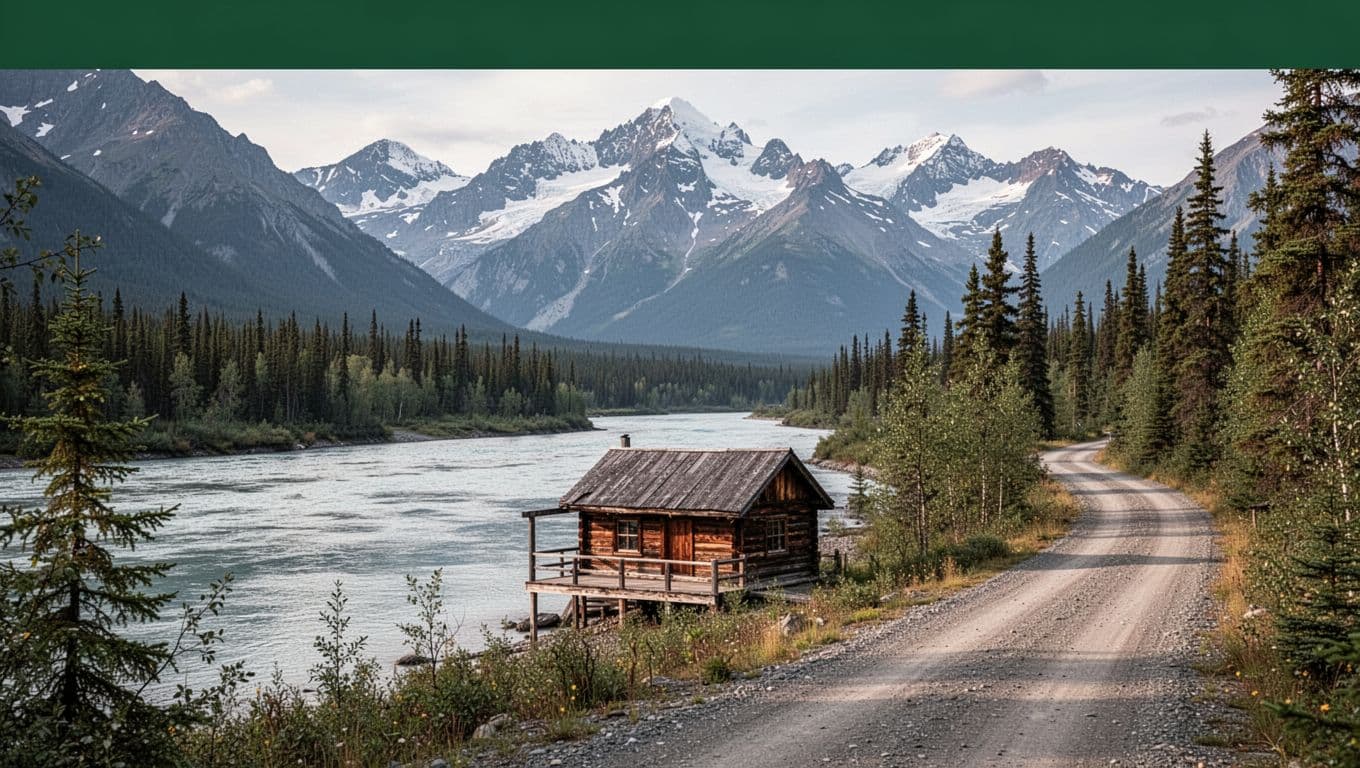 A rustic cabin beside a broad river with snowy mountains in the distance.