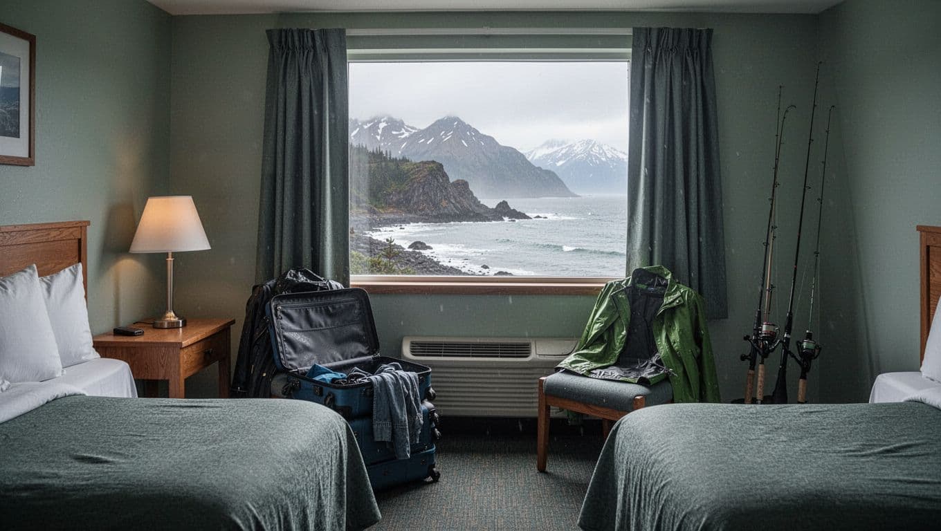 Modest Kodiak hotel room with two beds, luggage, fishing gear, and a coastal view.