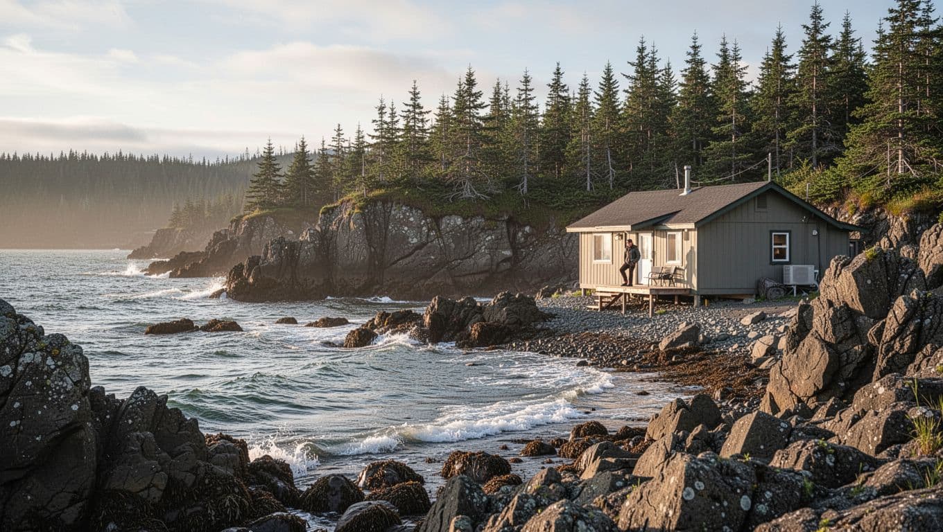 A coastal lodge beside the rugged shoreline and forested hills of Kodiak Island.