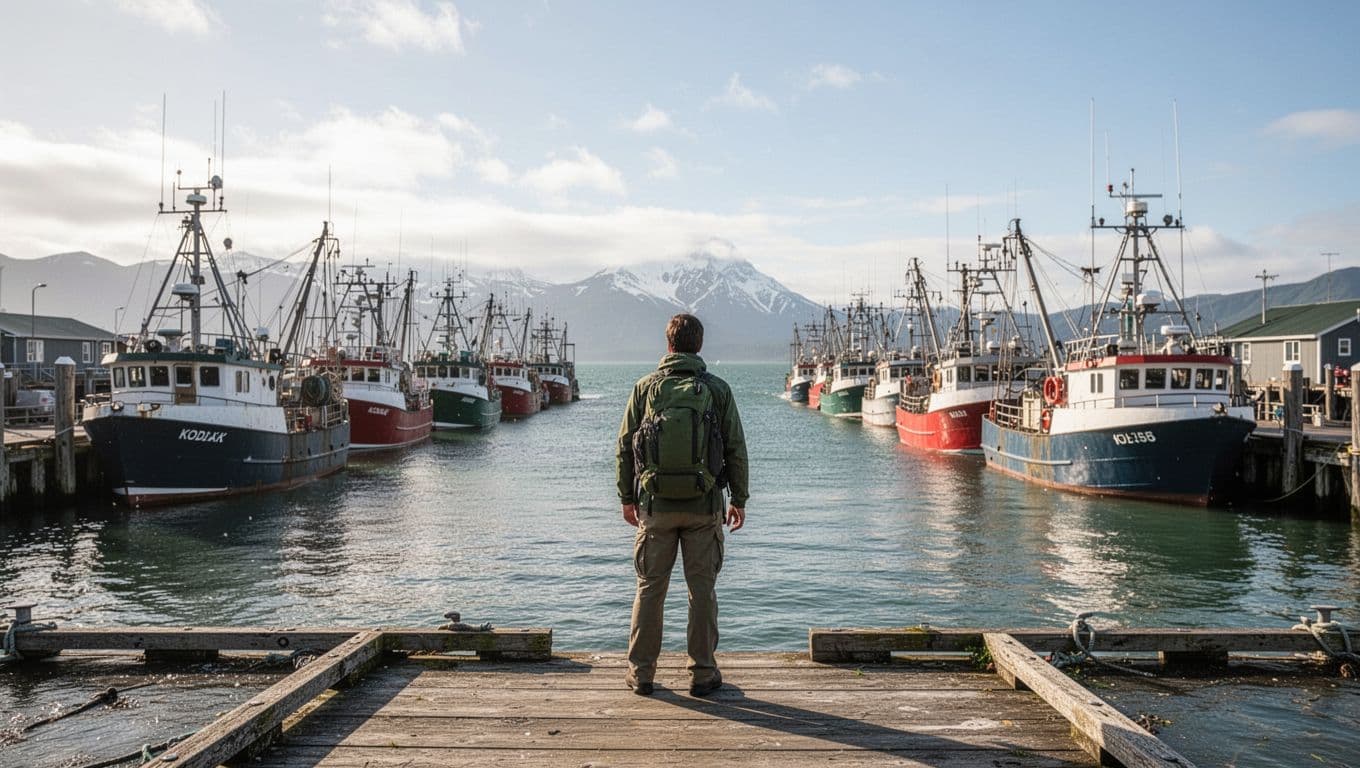 A traveler studies a map overlooking fishing boats in Kodiak harbor.