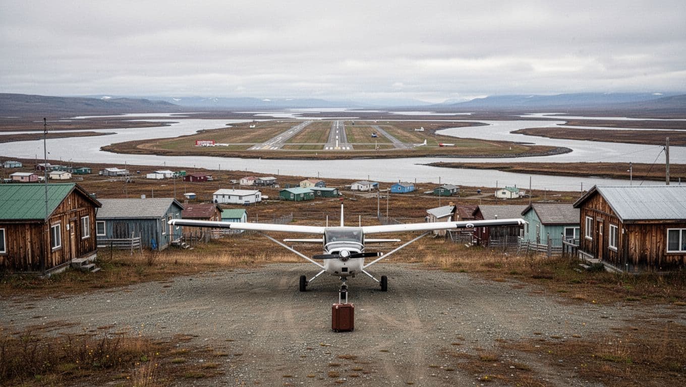 A bush plane beside a gravel area in Kotlik, with homes, tundra, and river channels beyond.