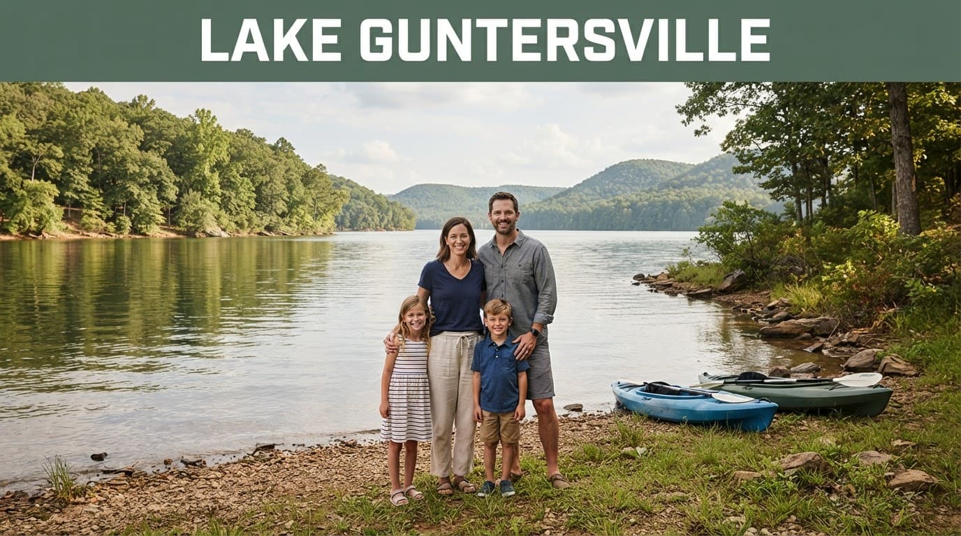 Two adults and two children stand by kayaks on a wooded lake shoreline.