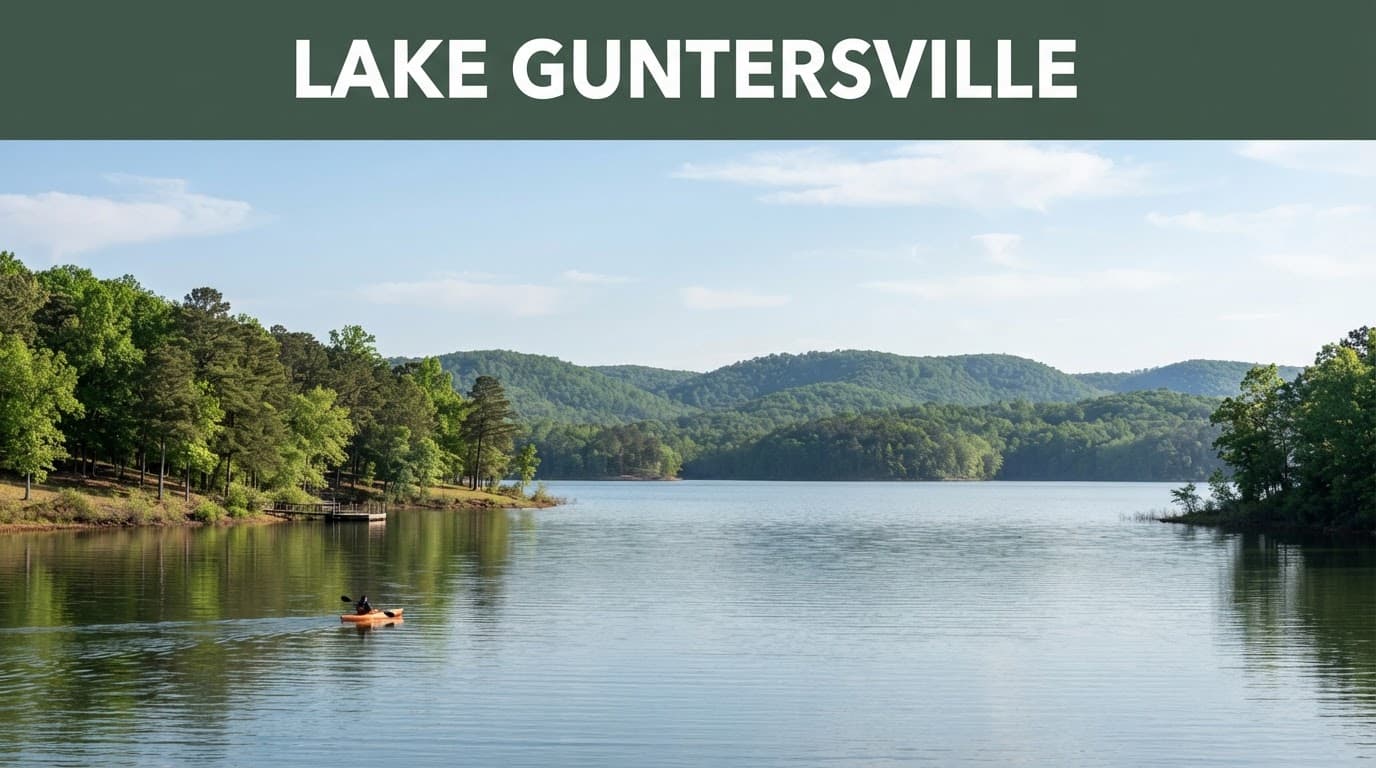 A kayak floats on Lake Guntersville beneath wooded hills.