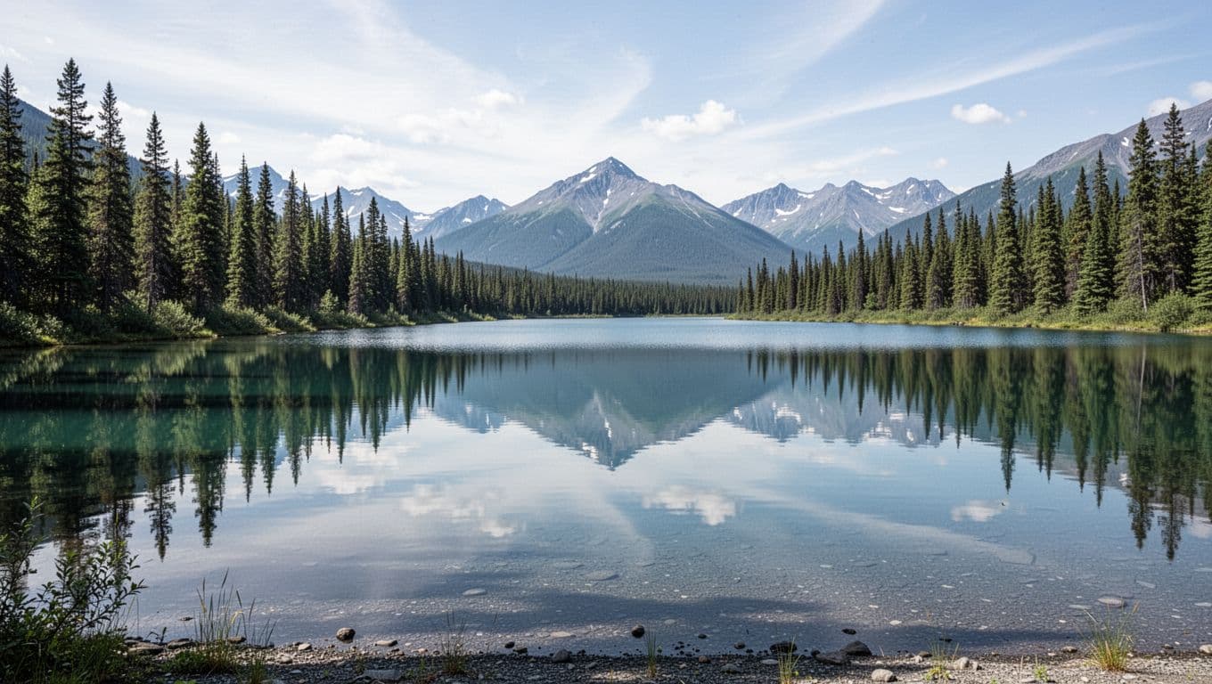 A calm Alaskan lake with tree-lined shores beneath a dark-green headline banner.