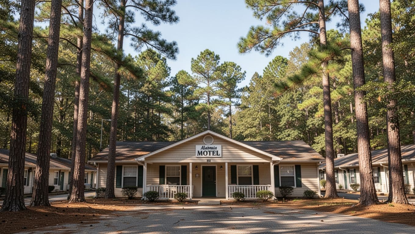 A budget motel beneath pine trees with a dark green Lake Martin Stays headline above.