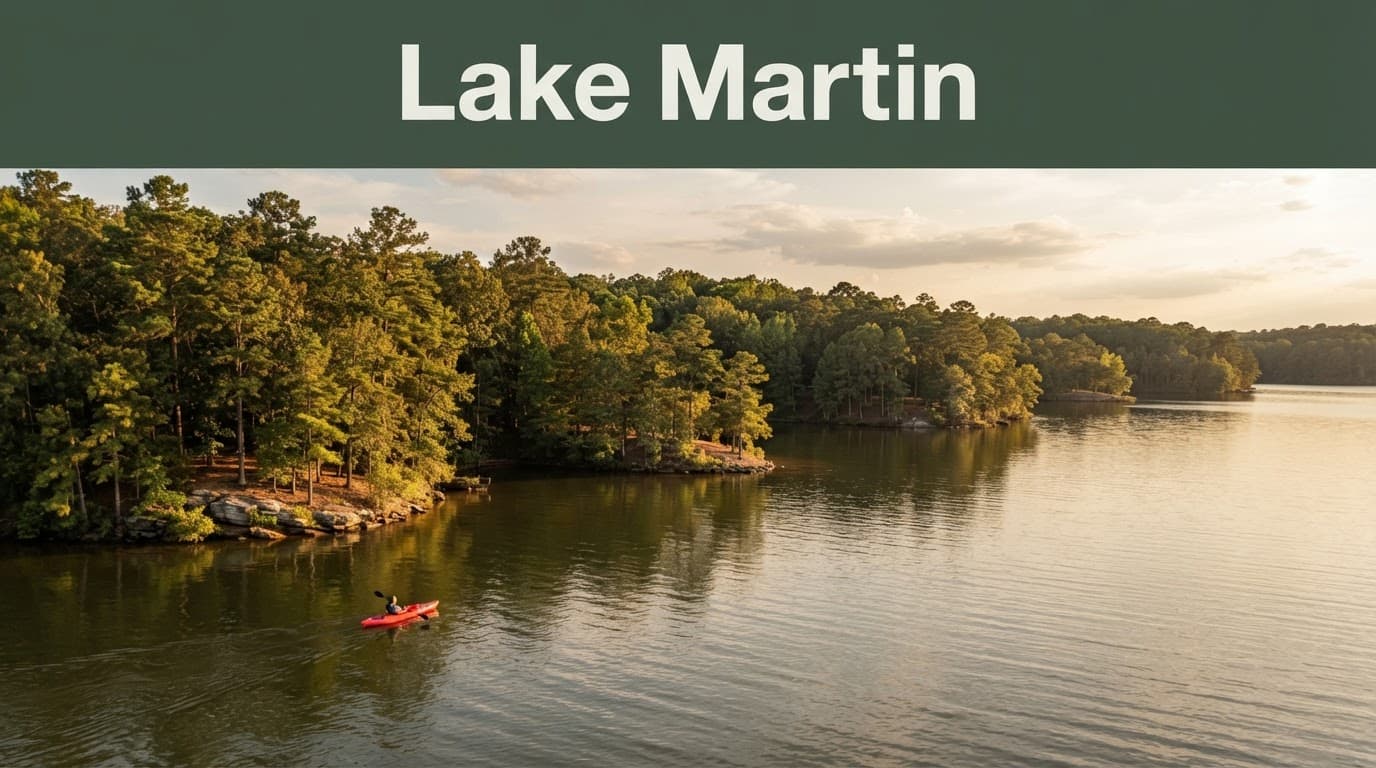 A small kayak floats on calm water before wooded Lake Martin coves.