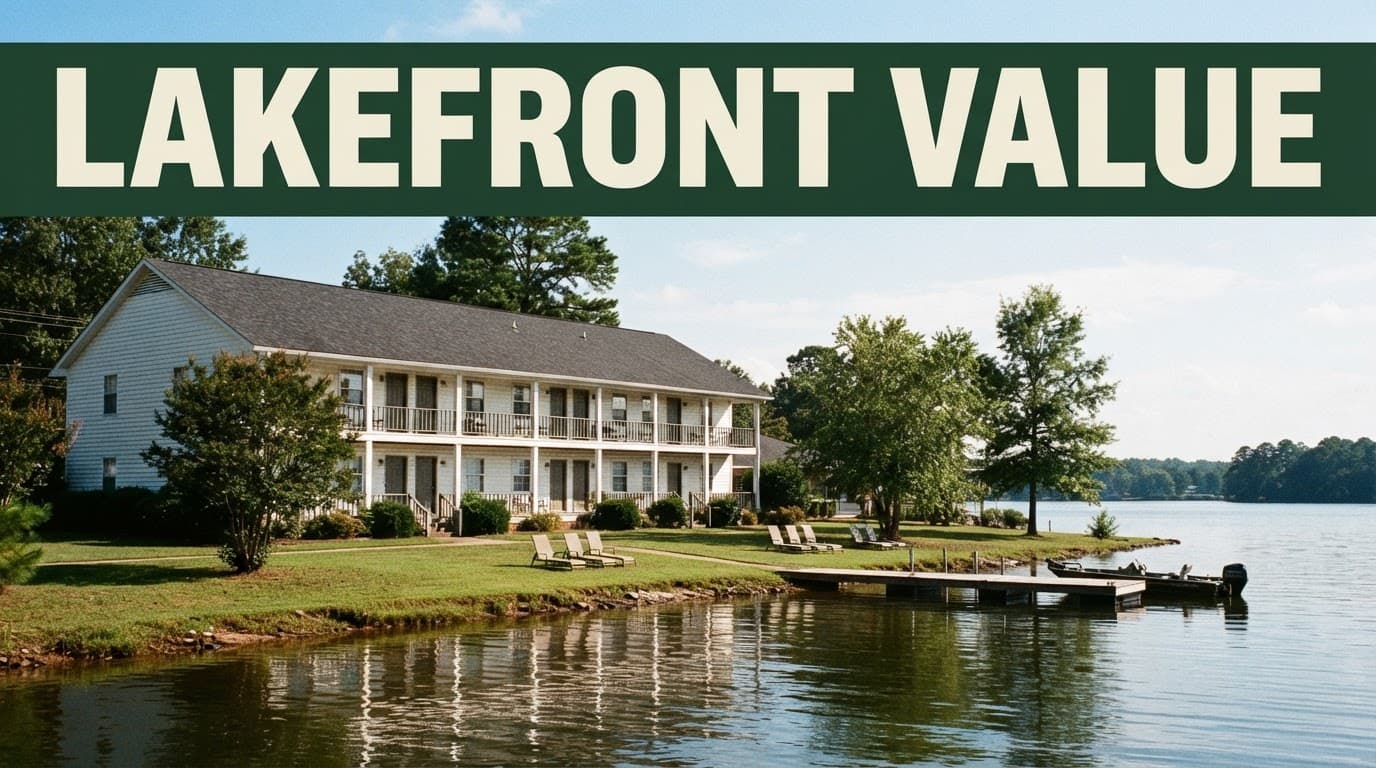 Dark-green banner above a quiet lakeside hotel beside calm water.
