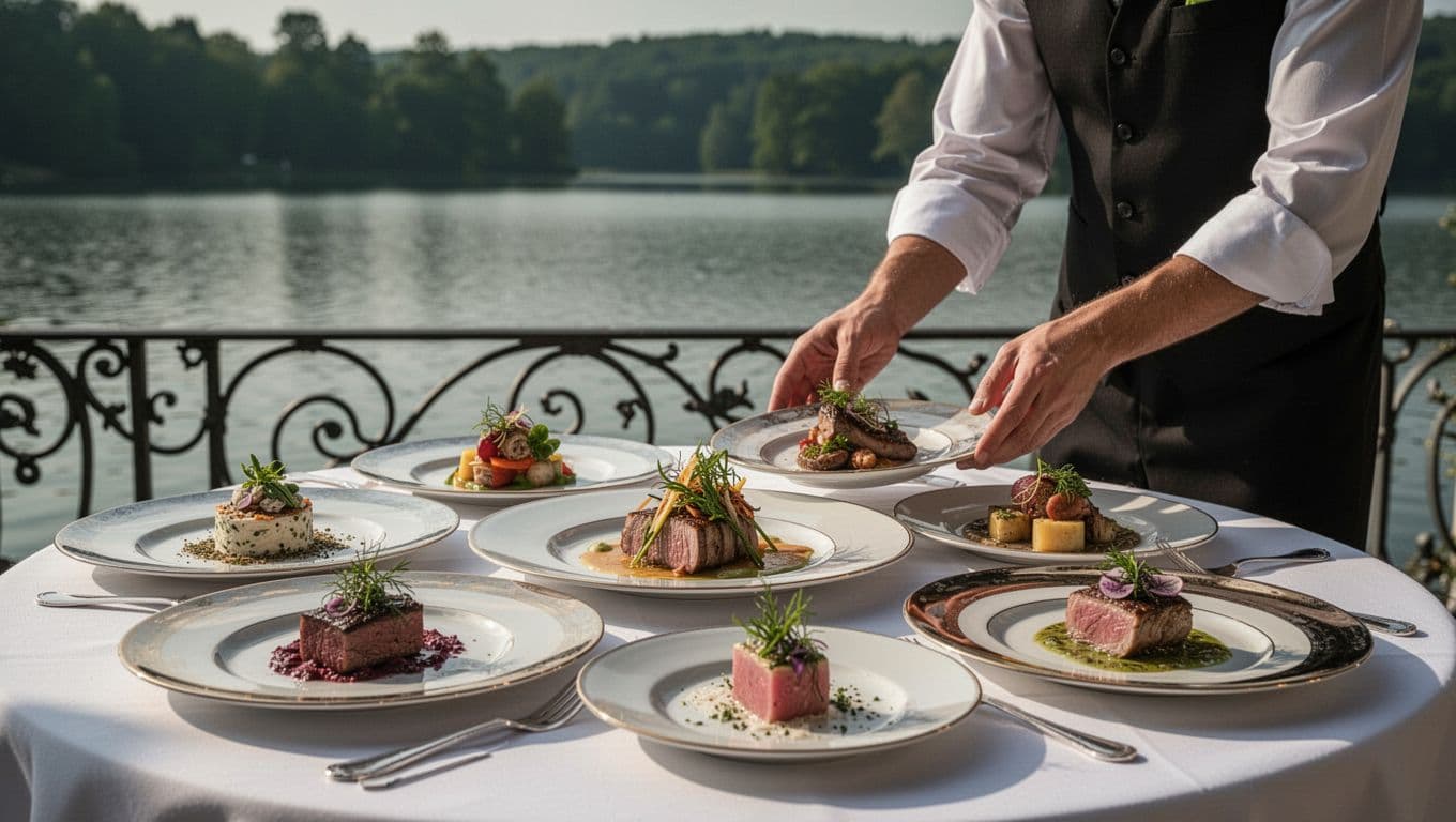 Plated gourmet dishes with a server and lake view in the background.