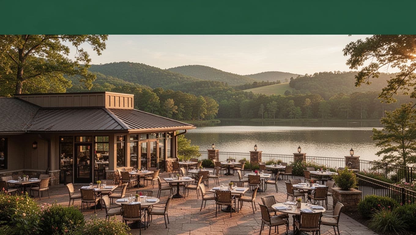 A resort patio overlooks a lake and wooded hills at golden hour.