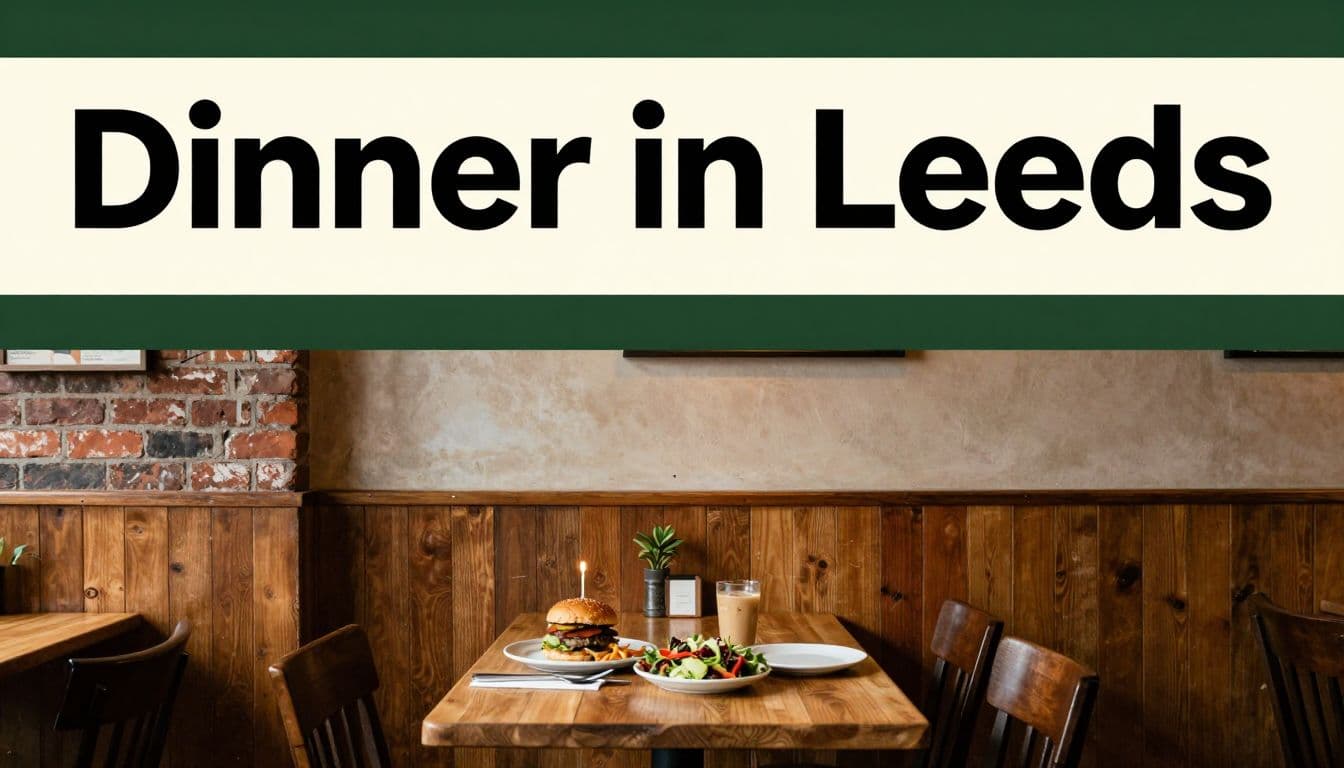 A burger, salad, and drink arranged on a restaurant table in warm evening light.