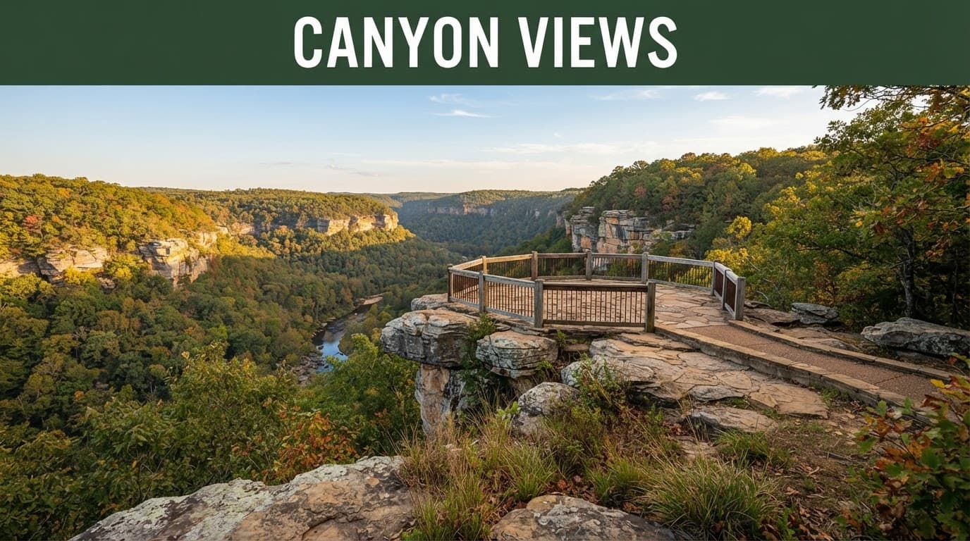 An empty overlook above a rugged sandstone canyon surrounded by green autumn foliage.