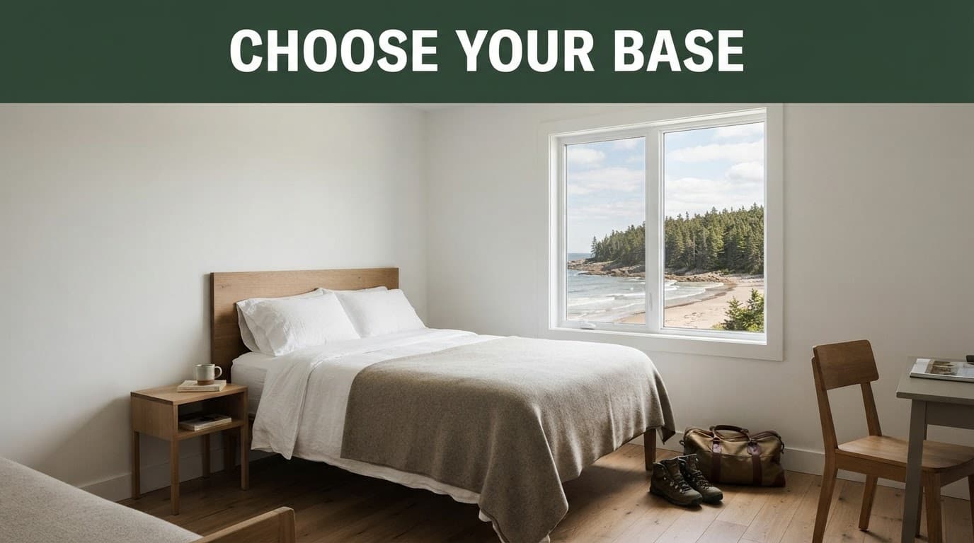 A simple bed and travel bag overlook a beach and forest from a bright guest room.