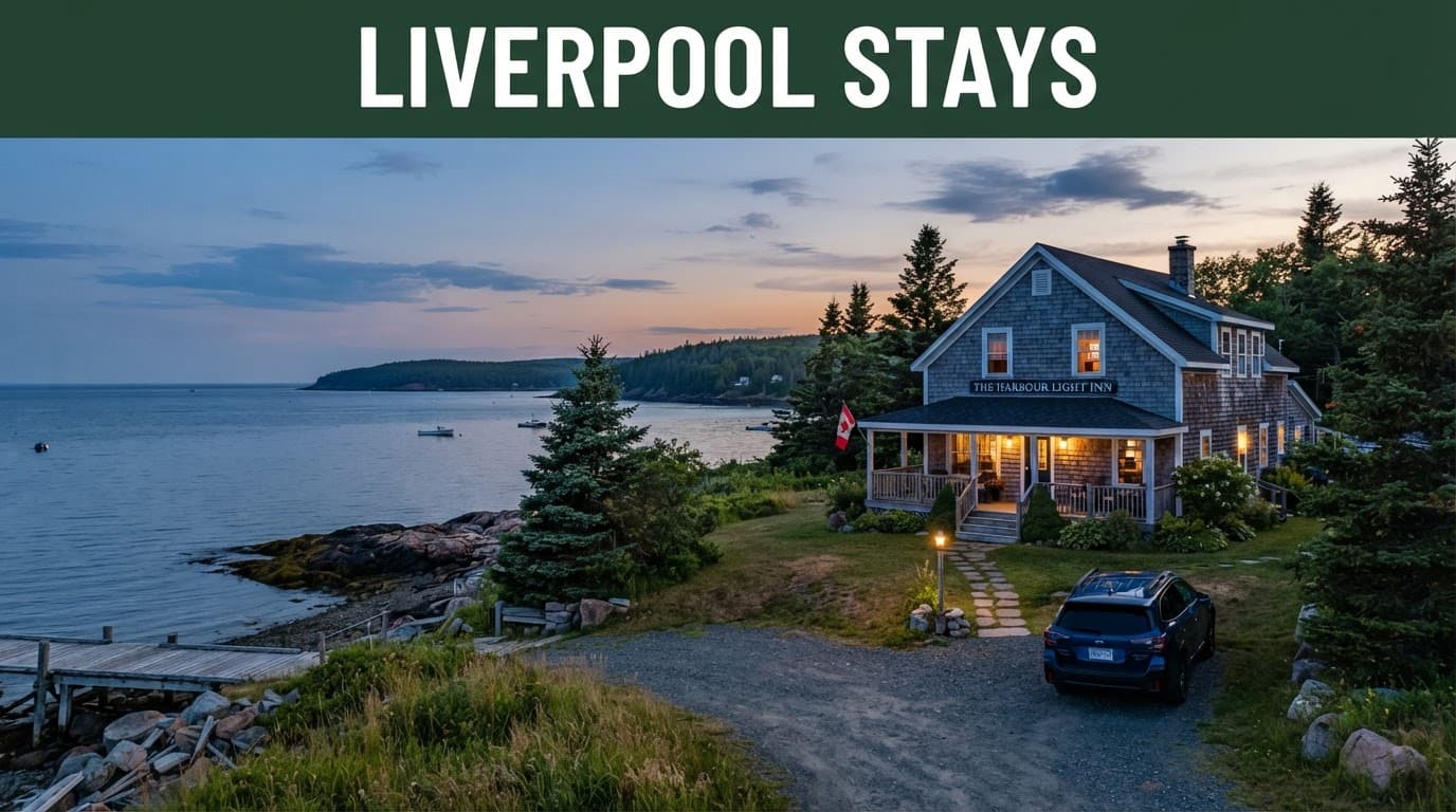 A small waterfront inn with one car, evergreen trees, and calm ocean at dusk.