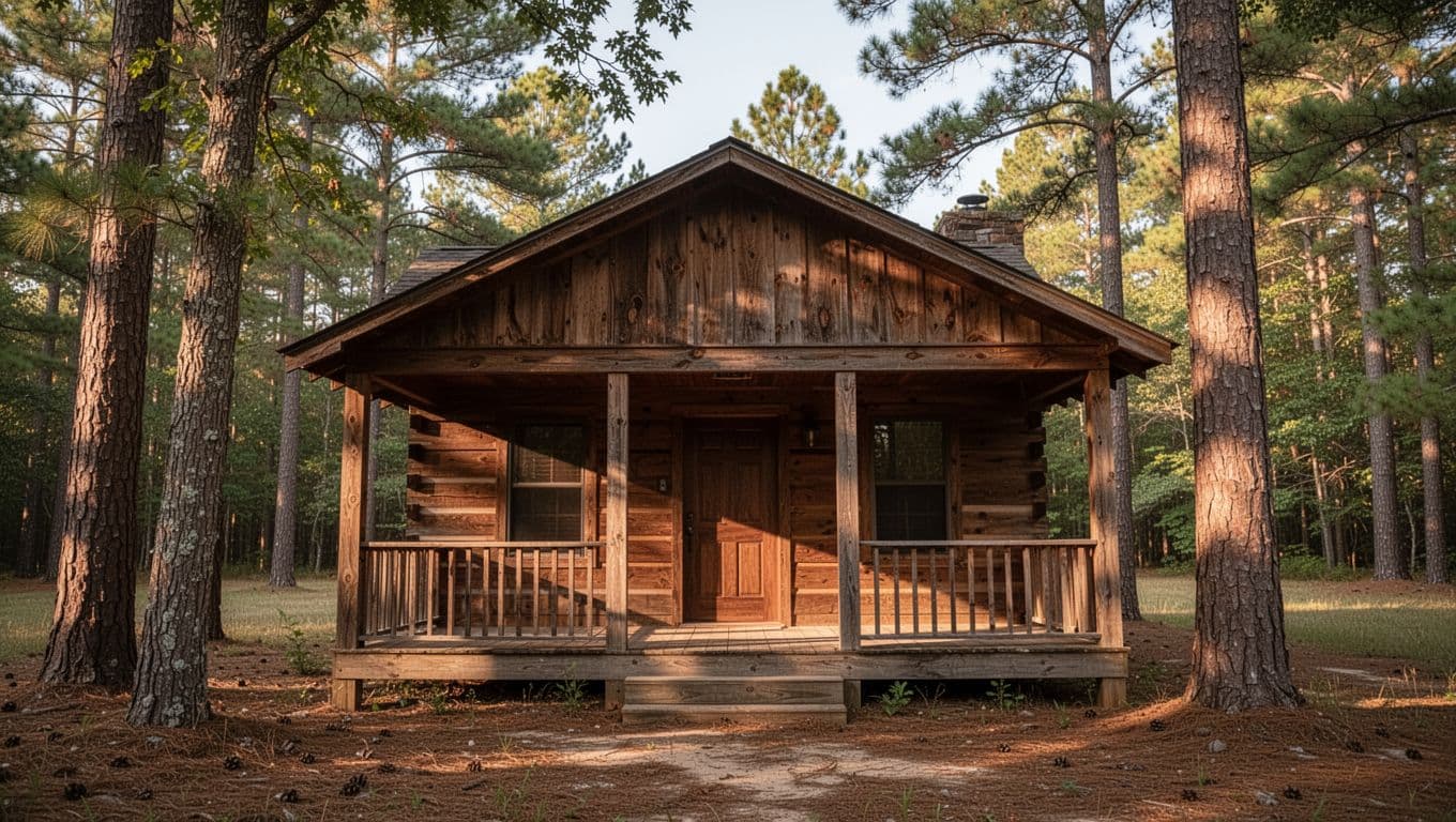 Rustic cabin porch beneath trees in rural Alabama with a green headline banner.