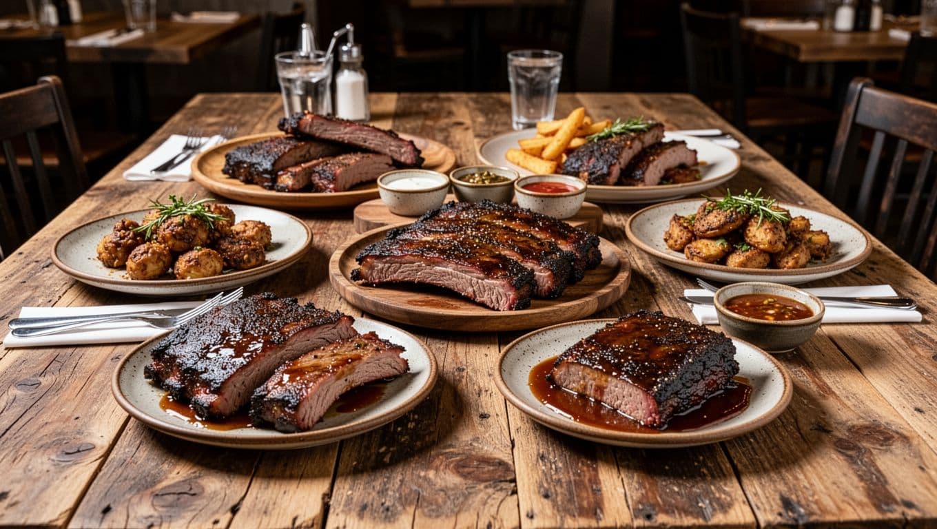 Rustic table with smoked meats and savory sides beneath a Local Barbecue banner.