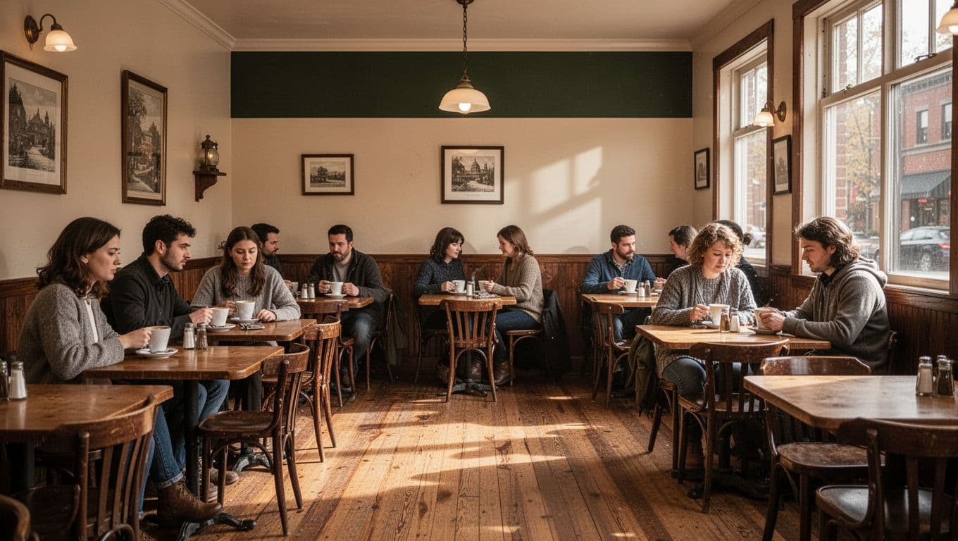 Rustic cafe interior beneath a dark-green Local Dining headline band.