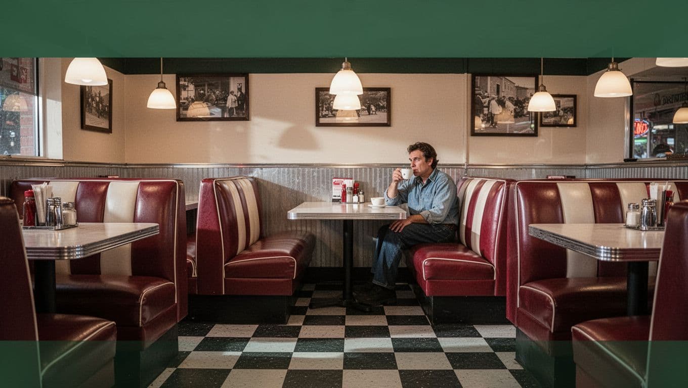 A cozy diner with tables, warm lights, one distant person, and a dark green Local Dining banner.