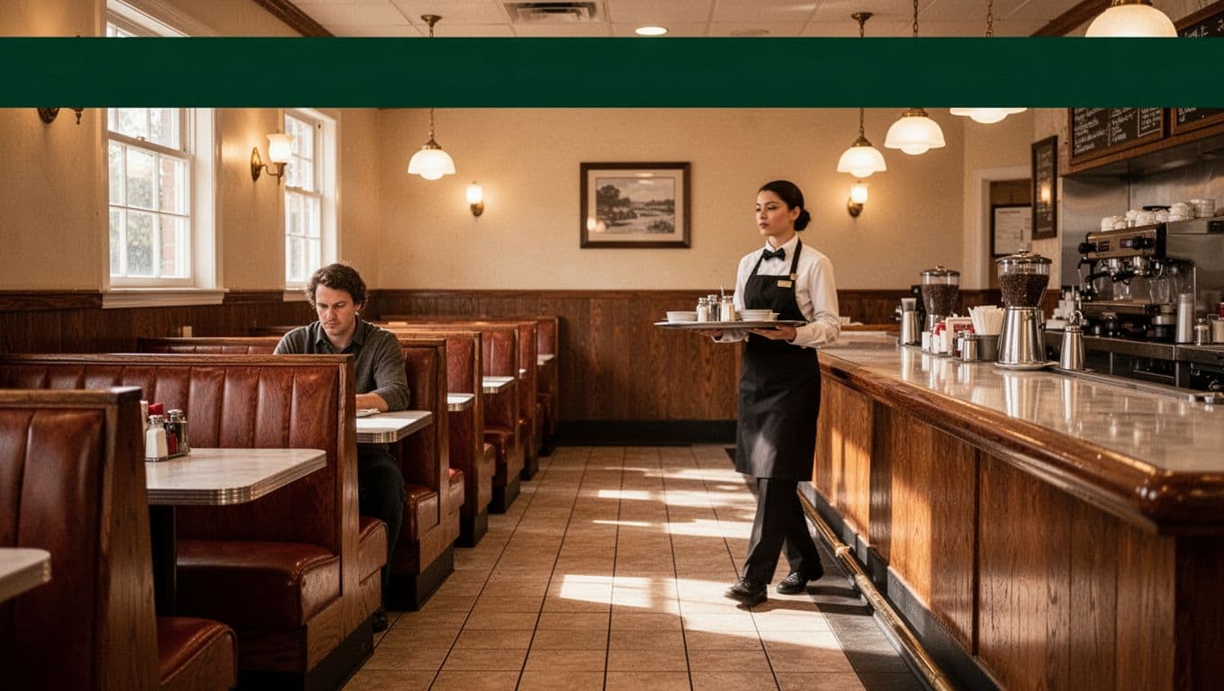 Warm wooden booths and lights sit beneath a dark-green LOCAL RESTAURANT headline.