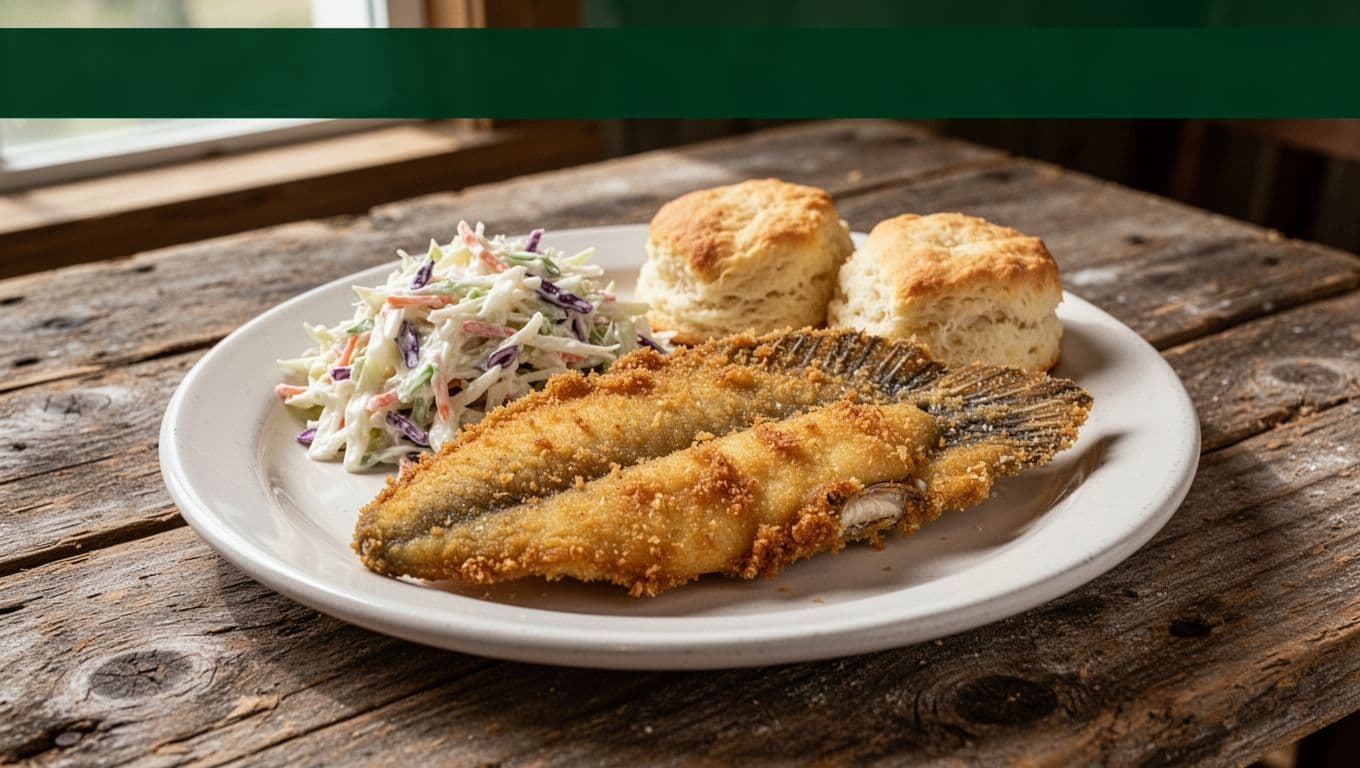 A Southern-style plate with fish and side dishes.