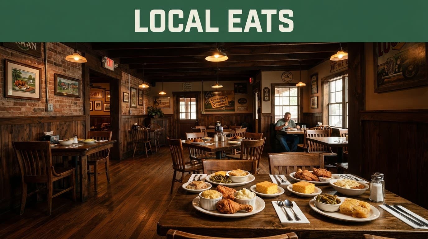 Southern restaurant with rustic tables, warm lights, and comfort food beneath a green Local Eats banner.