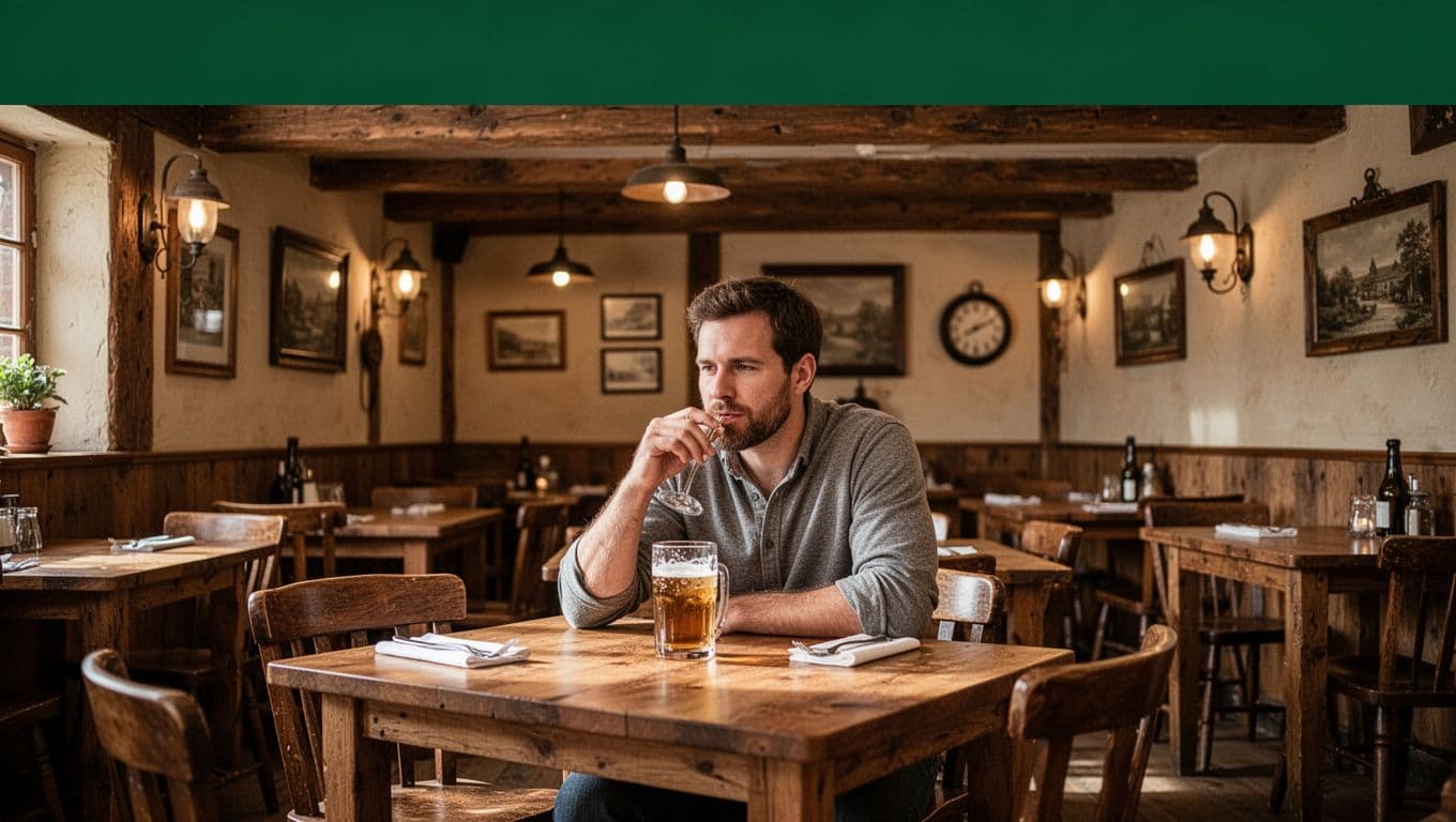 A rustic diner with wooden tables, warm lights, and one person below a Local Flavors headline.