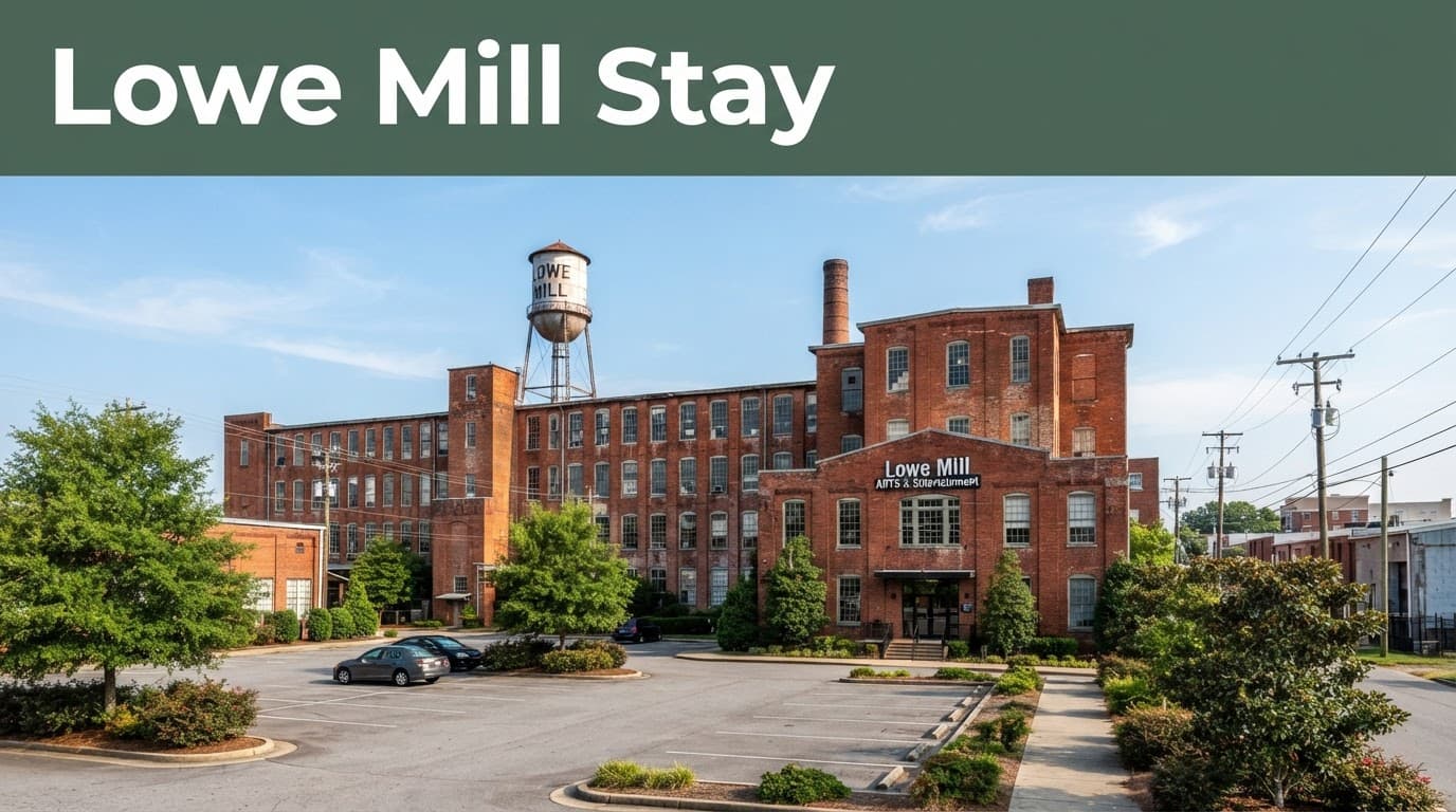 Red-brick Lowe Mill arts venue with parked cars and landscaped edges.