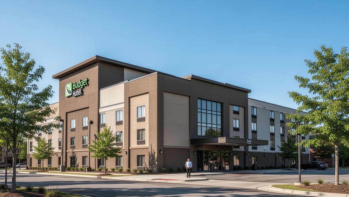 A modern budget hotel with one distant guest and a green BUDGET STAY banner.