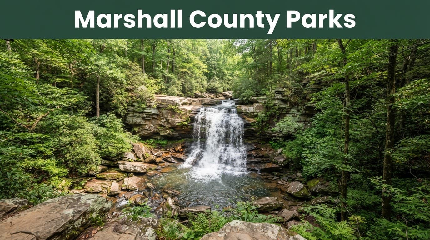 A waterfall pours over sandstone ledges in a green Alabama forest.