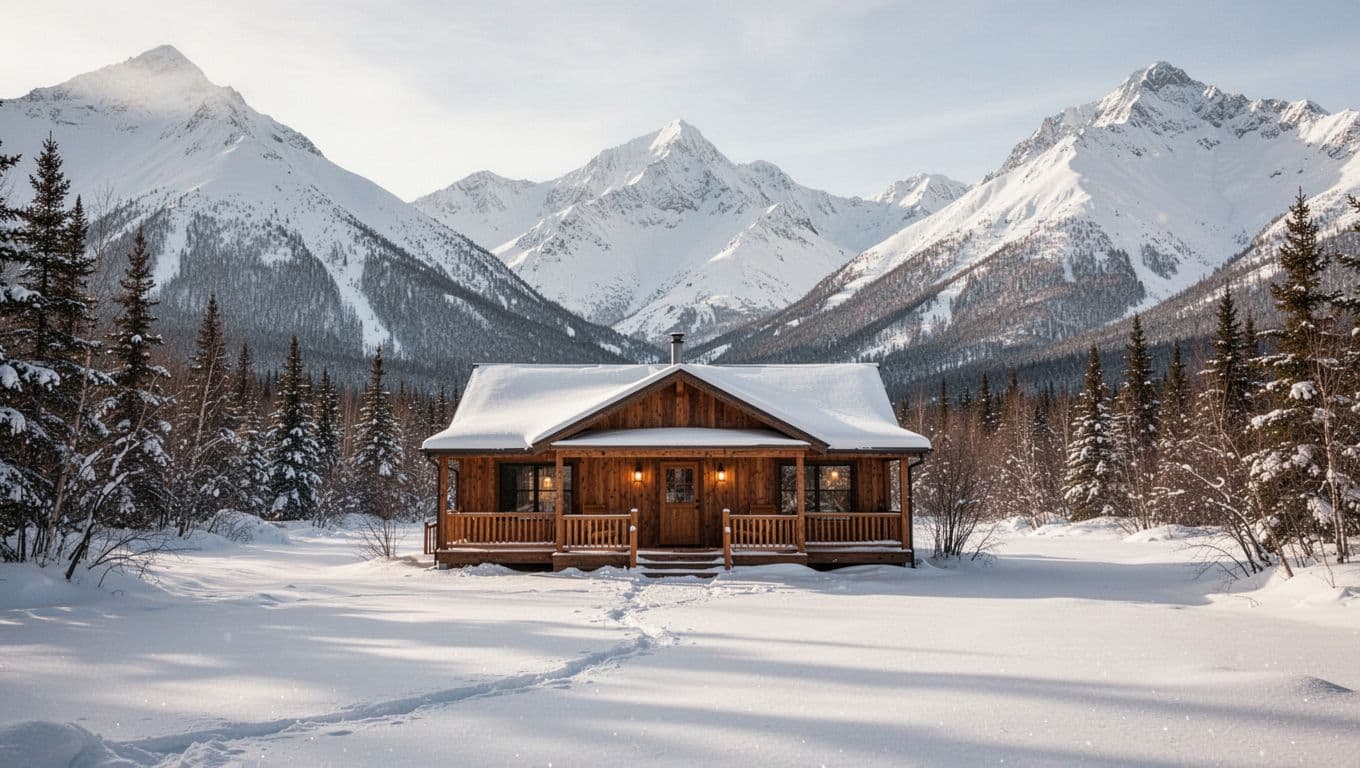 A modest lodge sits before snowy mountains in the Alaskan wilderness.