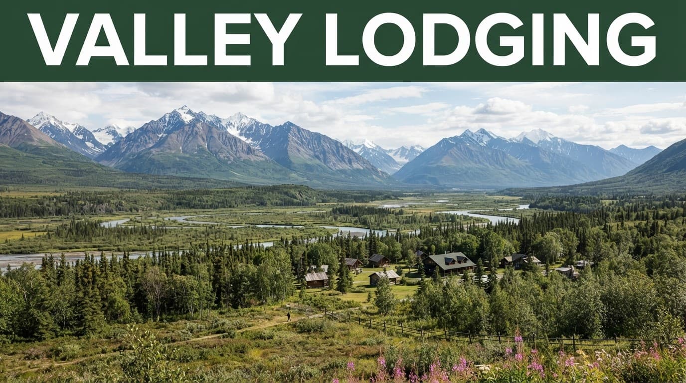 Wide Mat-Su Valley landscape with mountains, a green lodging banner, and one distant person.