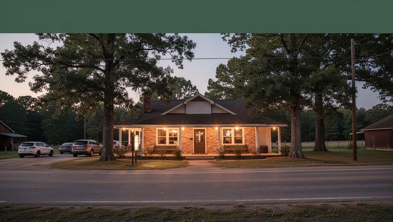 A small Arkansas restaurant glowing at dusk beside parked cars and open roadside space.