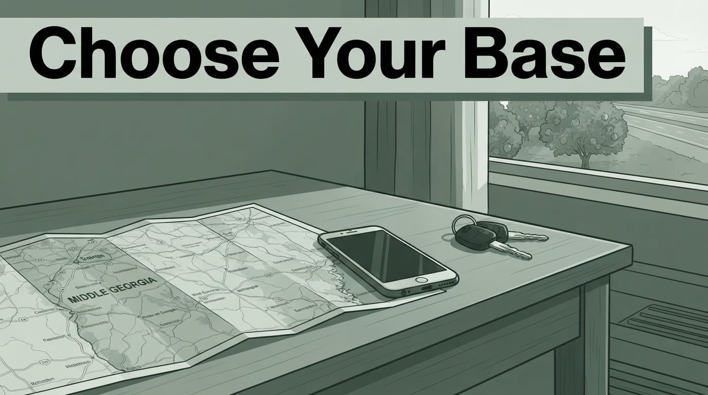 A map, car keys, and phone sit on a desk beside a window overlooking peach trees.