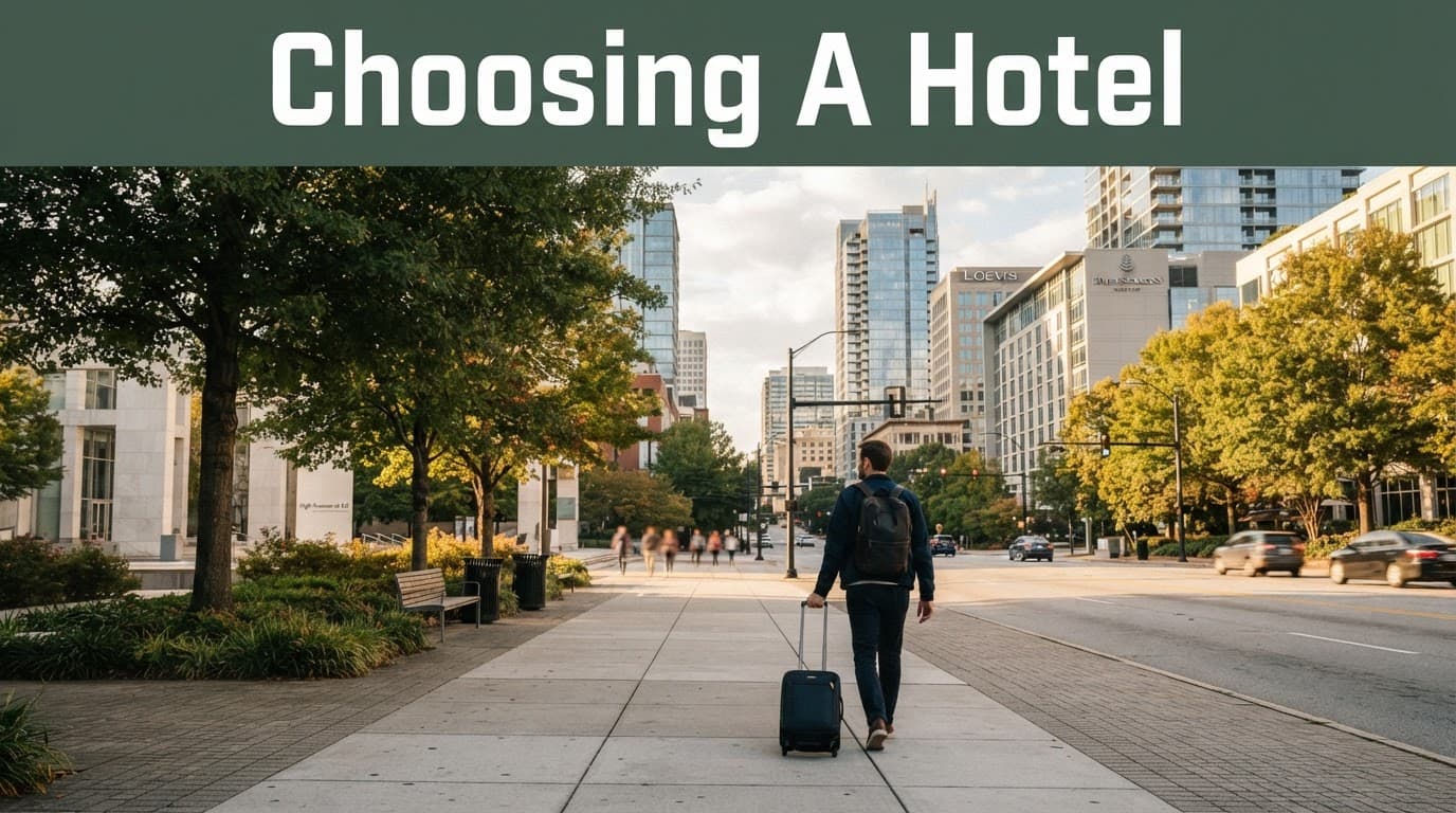 A traveler with a suitcase walks along a tree-lined Midtown Atlanta sidewalk.
