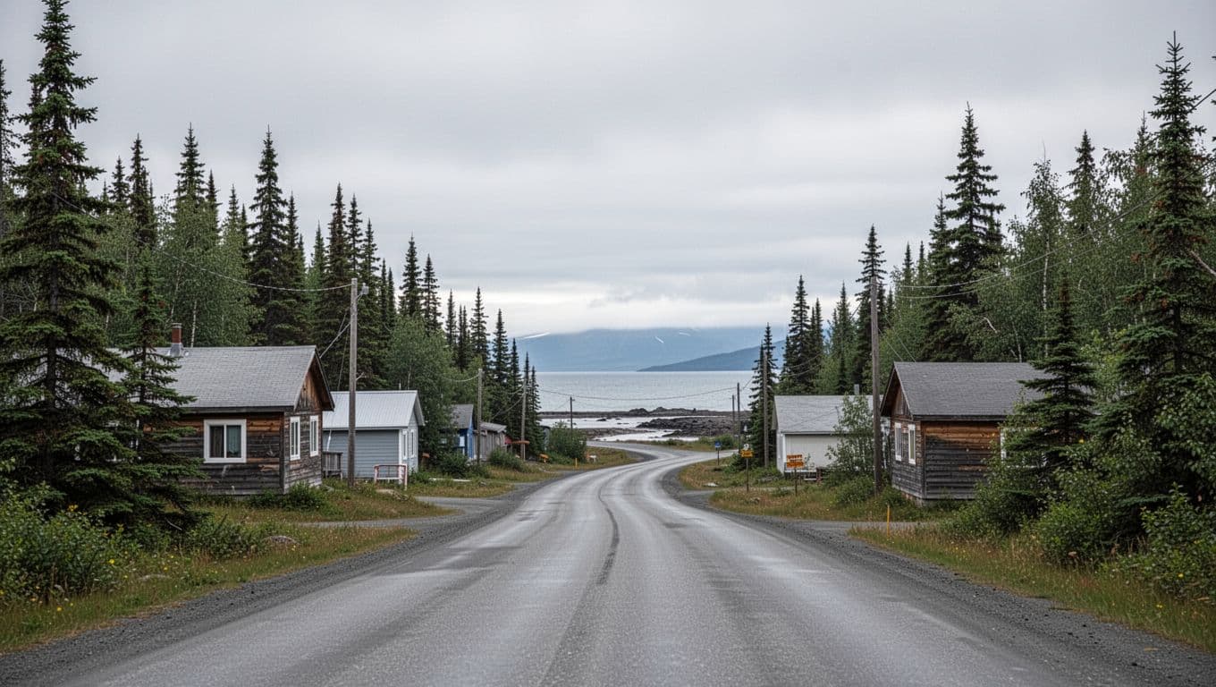 A coastal road passes small buildings and evergreen trees under an overcast Alaskan sky.