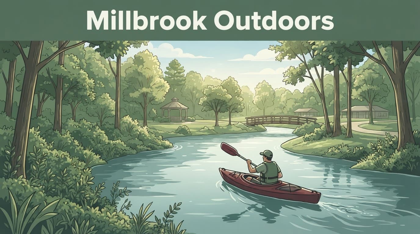 A kayaker paddles along a calm river beside a green park.