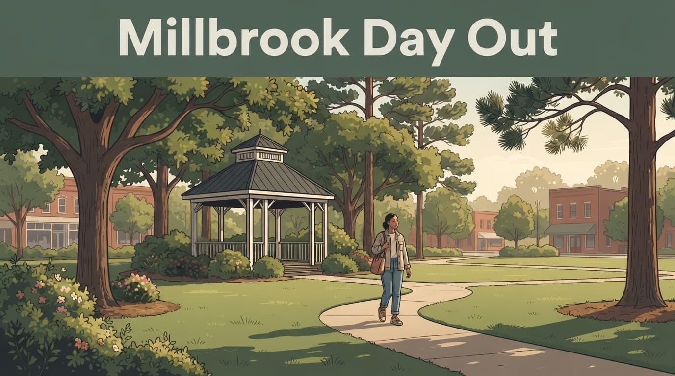 One visitor walks near a covered gazebo in a tree-filled Millbrook park.