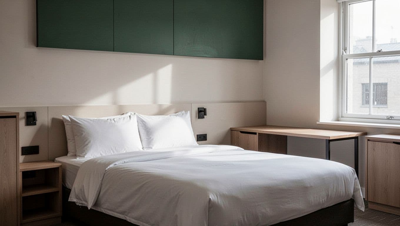Tidy hotel room with a made bed, desk, chair, and dark-green band near the ceiling.