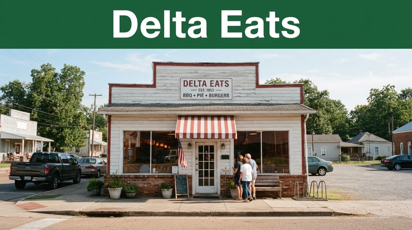 A small Arkansas diner with a dark-green band labeled Delta Eats.