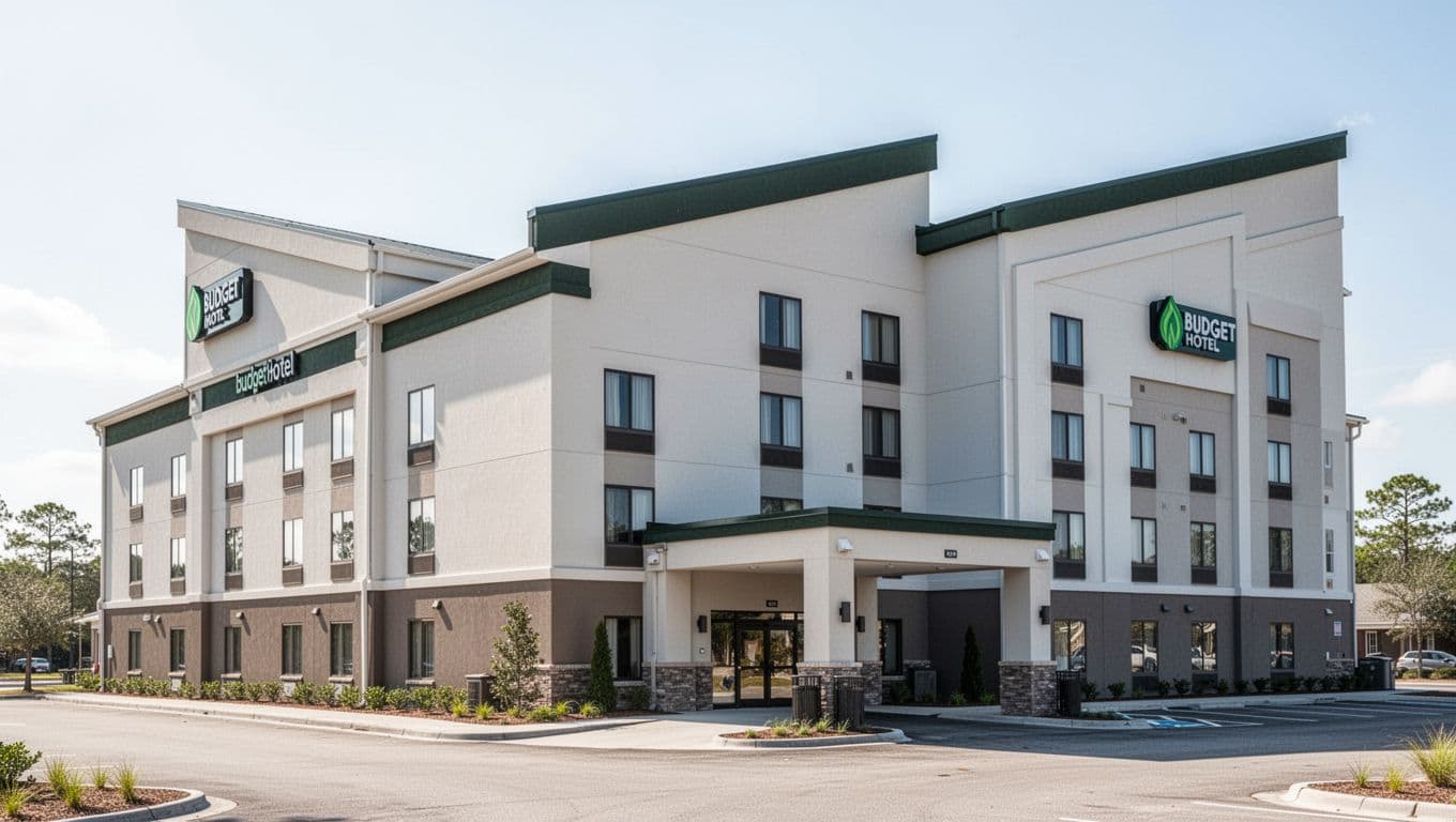 Modern budget hotel exterior in Mobile, Alabama, with a dark-green band near the roof.