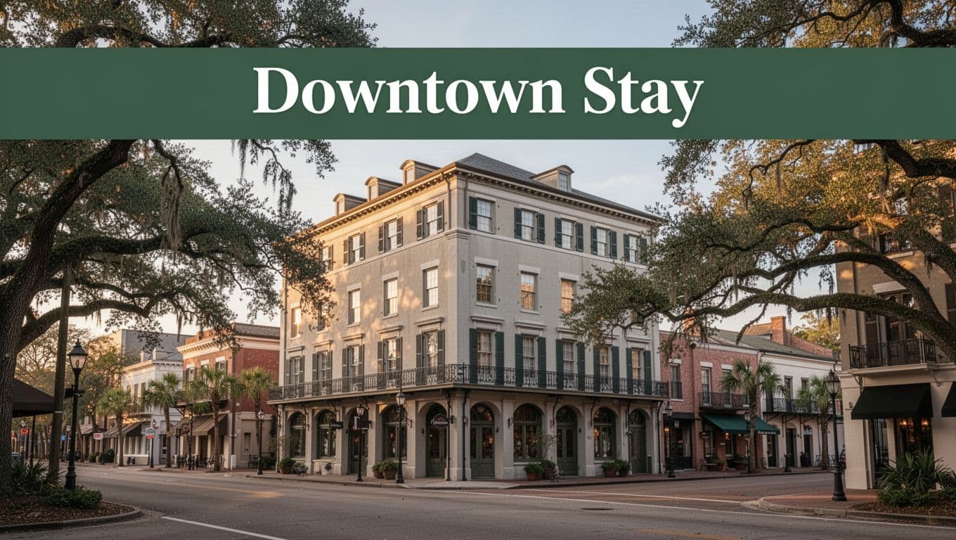 A historic hotel facade on a tree-lined downtown Mobile street.
