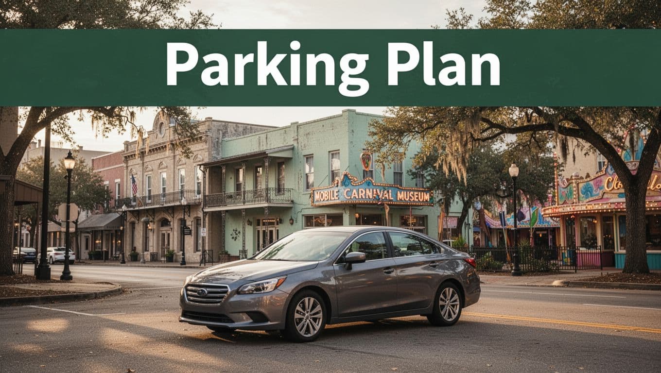 A parked car sits near the Mobile Carnival Museum on a tree-lined downtown street.